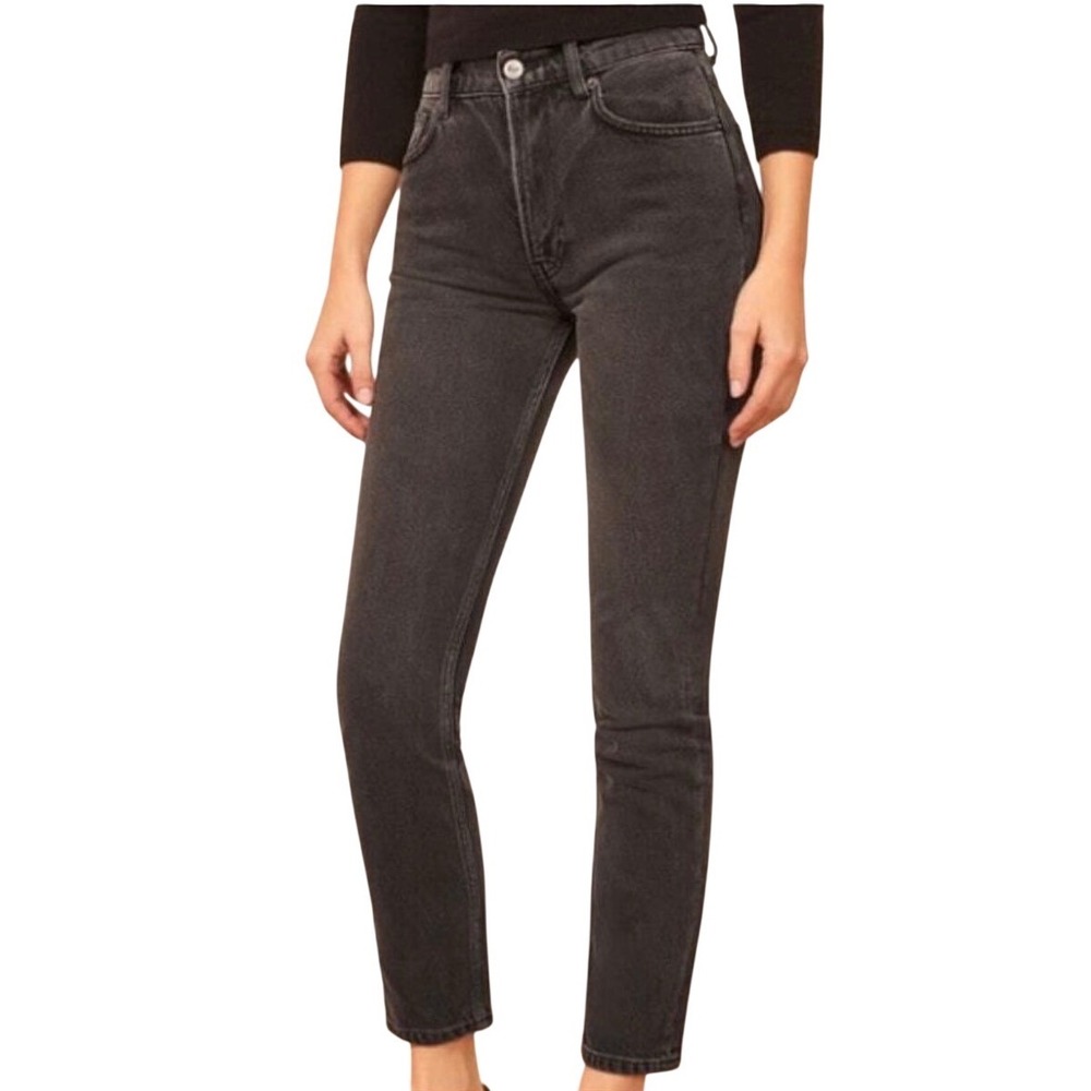 Reformation Julia High Cigarette Jean Womens 28 Black Raw Hem Faded Wash